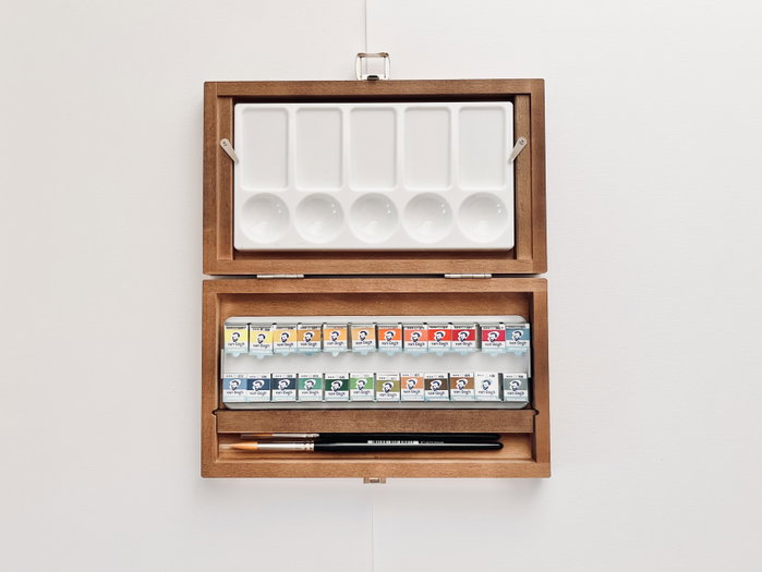 Van Gogh Set d'aquarelles en boîte en bois, 24 couleurs en demi-pastilles et 3 accessoires